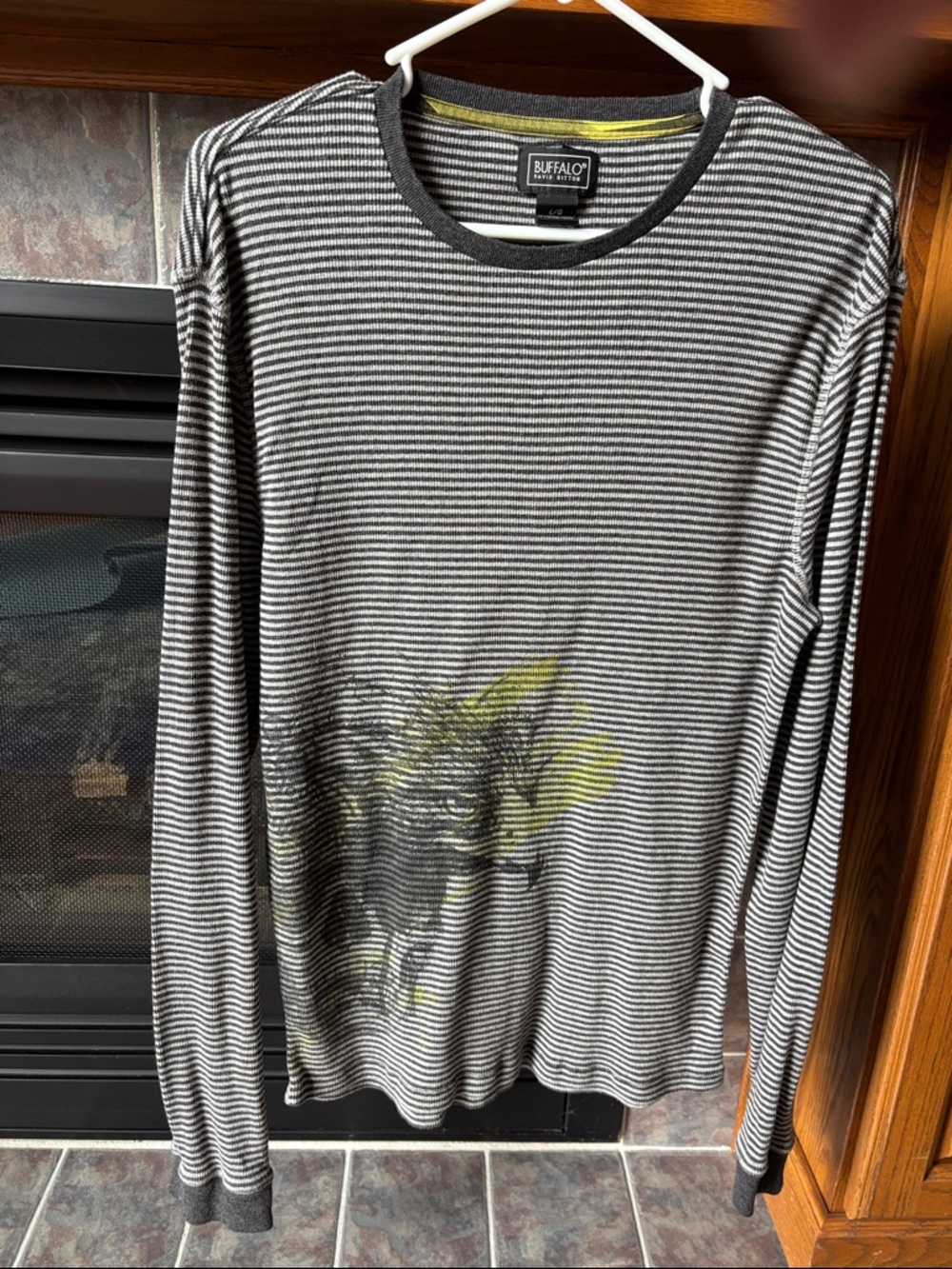 Buffalo David Bitton Black, White & Yellow Graphic Striped Long Sleeve Tee
